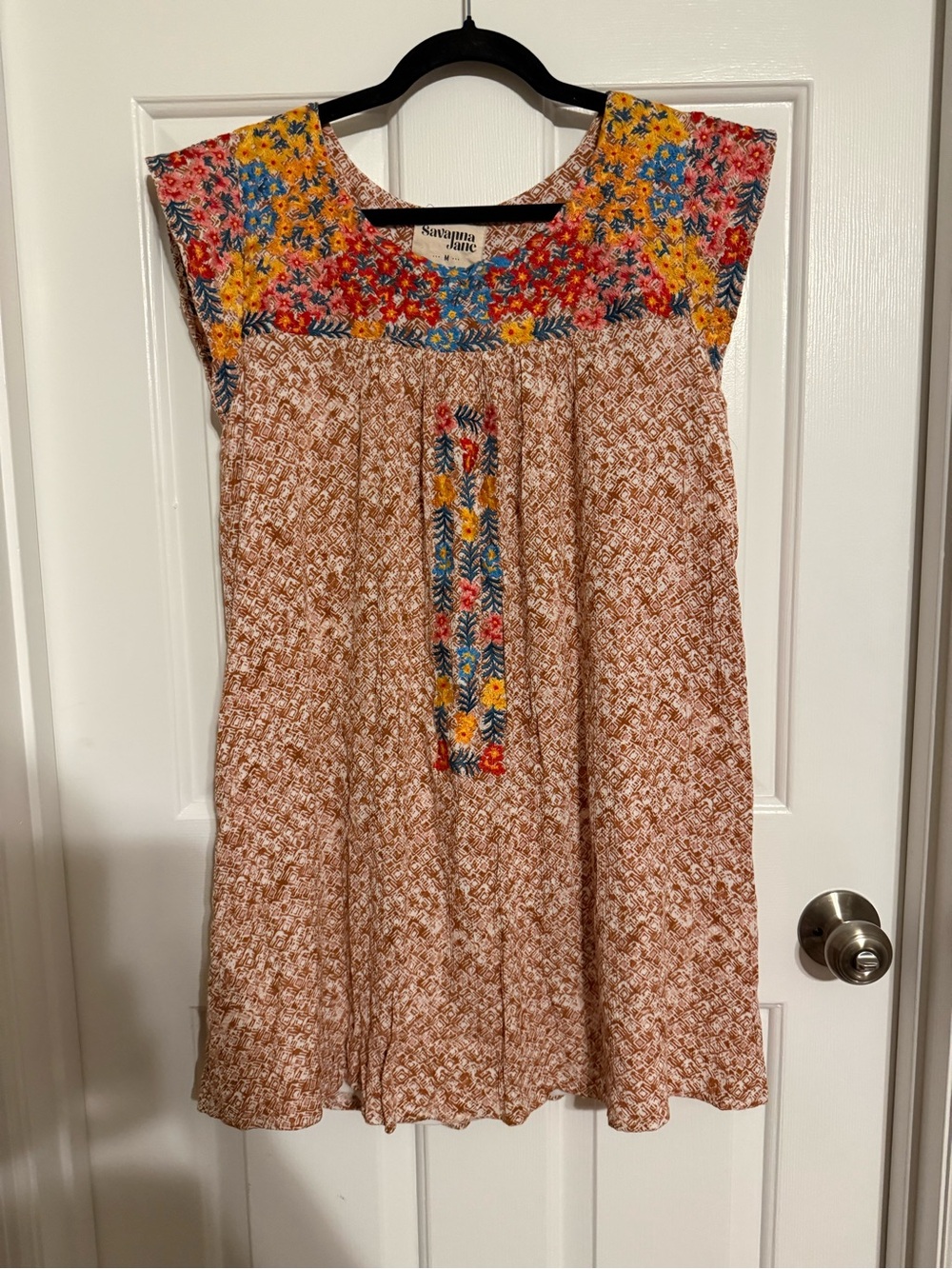Savanna Jane Rust Terracotta Embroidered Boho Mini Shift Dress Medium